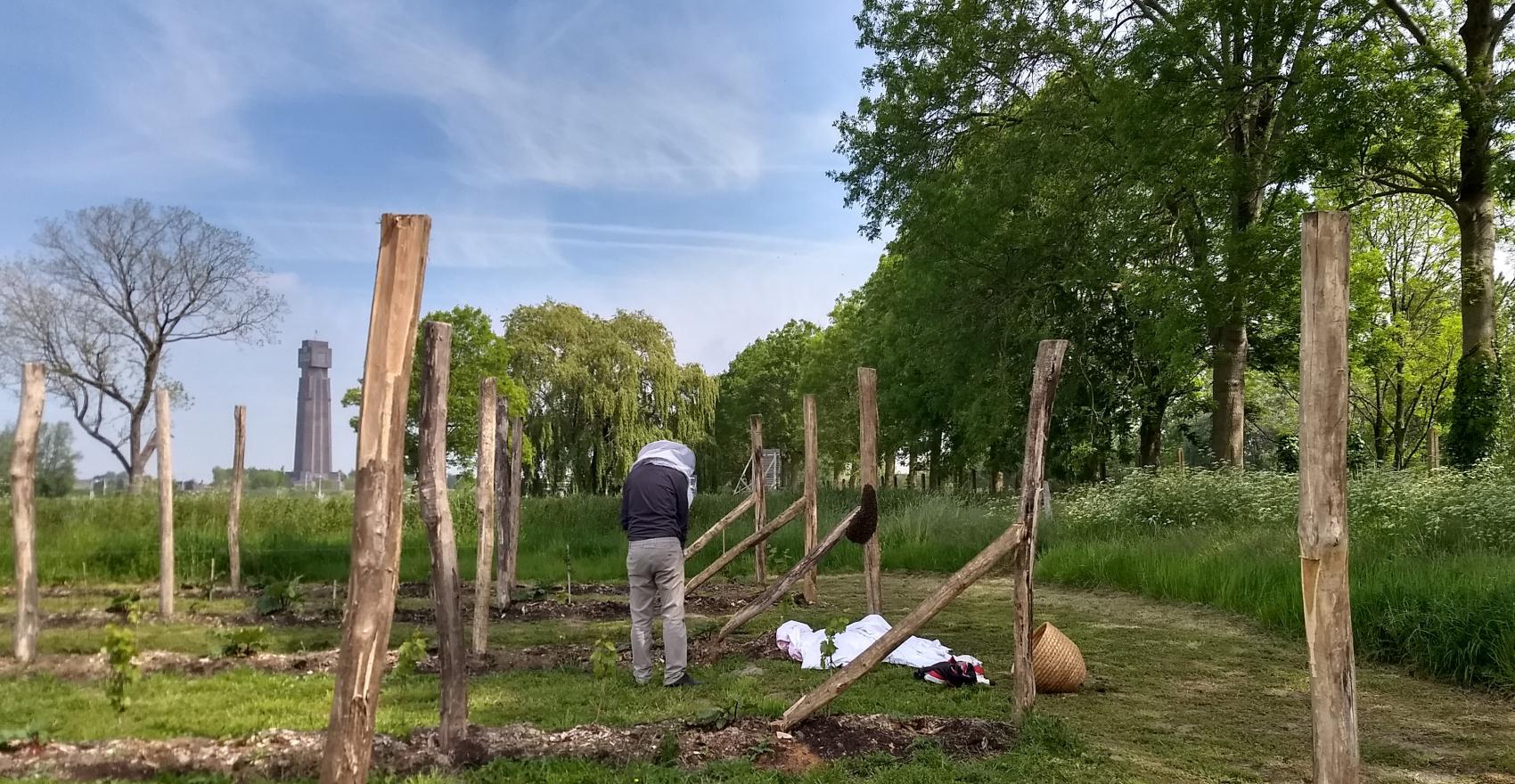 foto van de imker in de pluktuin